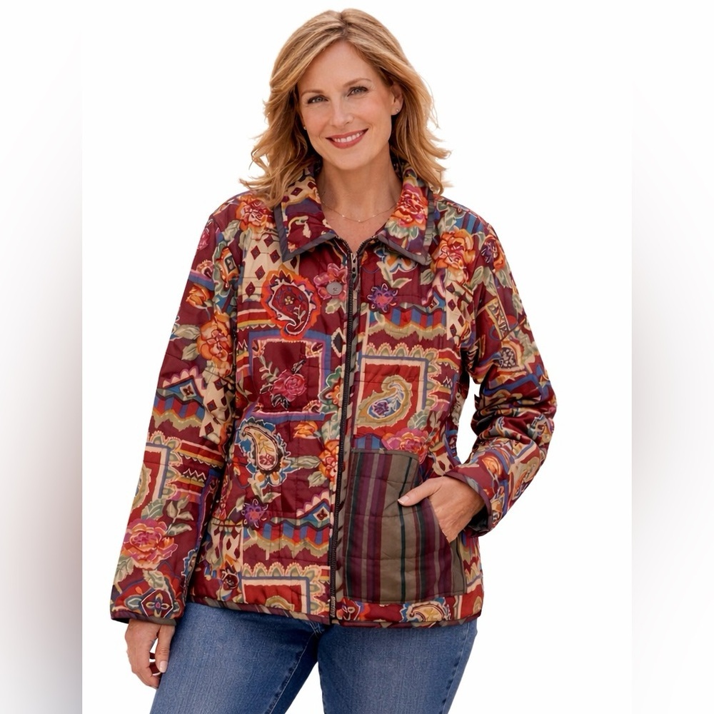 Vintage Koos of Course Reversible Quilted Silk Jacket Floral Paisley Red L